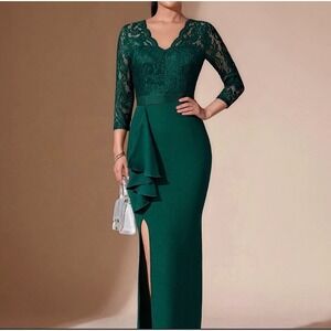 Missmay Women Dark Green Lace V-Neck 3/4 Sleeve Ruffle Slit Maxi Gown XL NEW